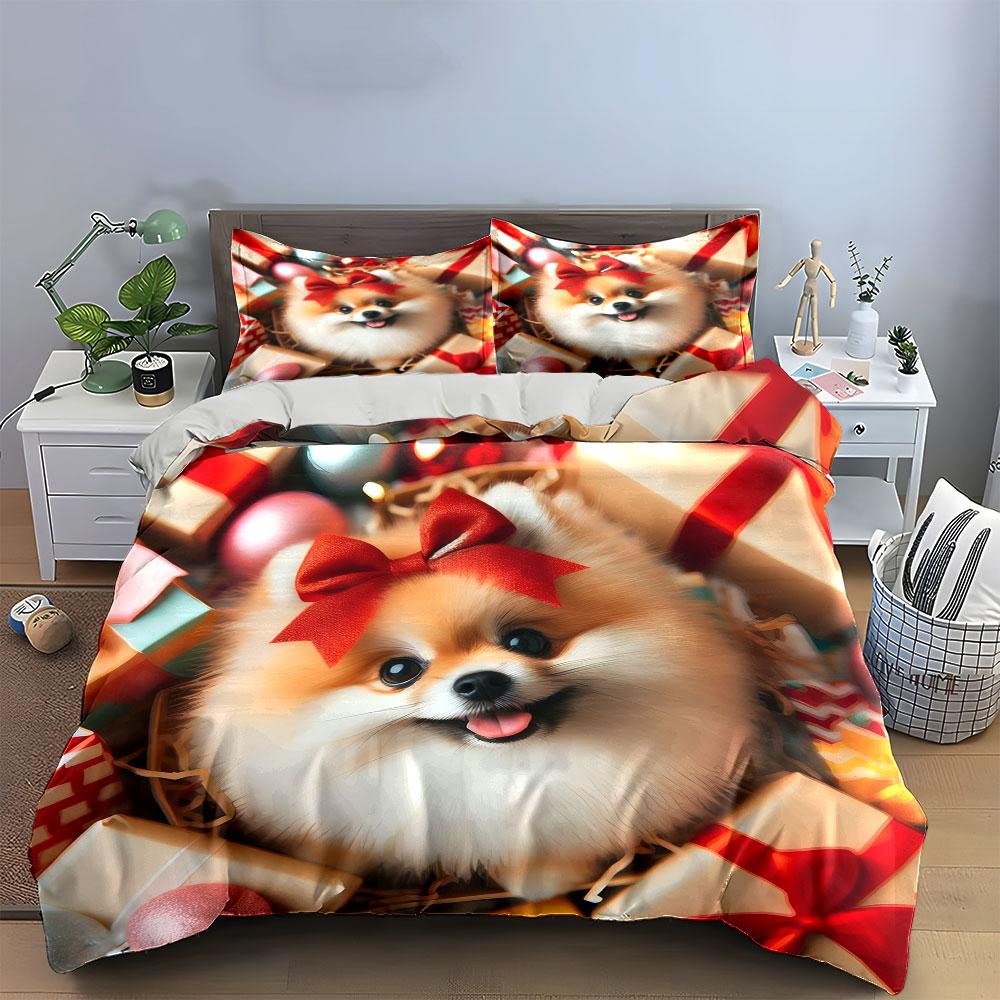 Fluffy Dog with Gift Boxes Bedding Duvet Cover Set (1*Duvet Cover 2*Pillowcases, without duvet insert)