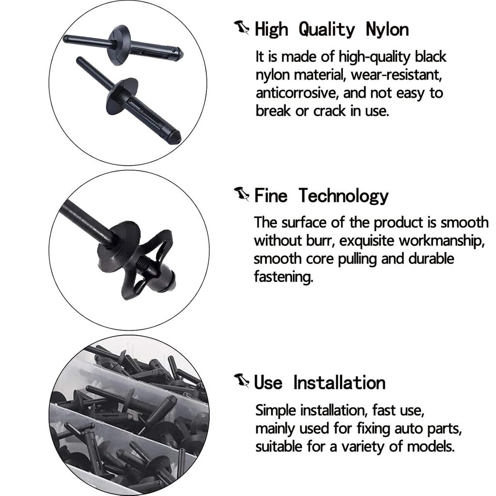 150Pcs Plastic Rivet Clip,Automotive Universal Nylon Pop Rivet Assortment,6 Most Popular Sizes Black Nylon Universal Rivet Kit,Replacement For GM