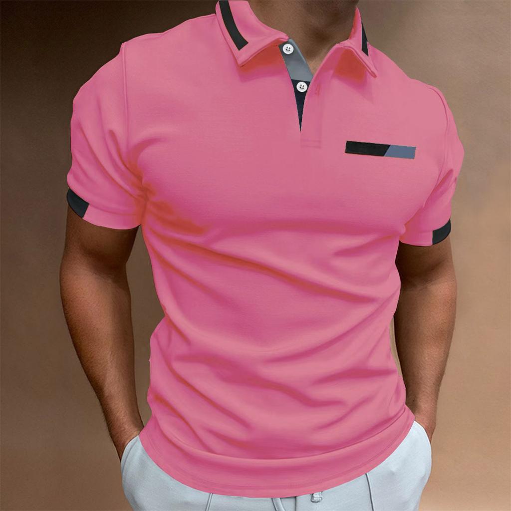 New Men's Short-Sleeved Casual Polo Shirt with Imitation Chest Pocket, Collar and Button-Front Business T-Shirt Top for Men