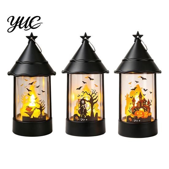 Battery Operated Candle Halloween Witch Hat Lantern, Vintage Spooky Castle Grim Reaper Pumpkin Scarecrow Tabletop Holiday Decor Table Lamp, Flickering