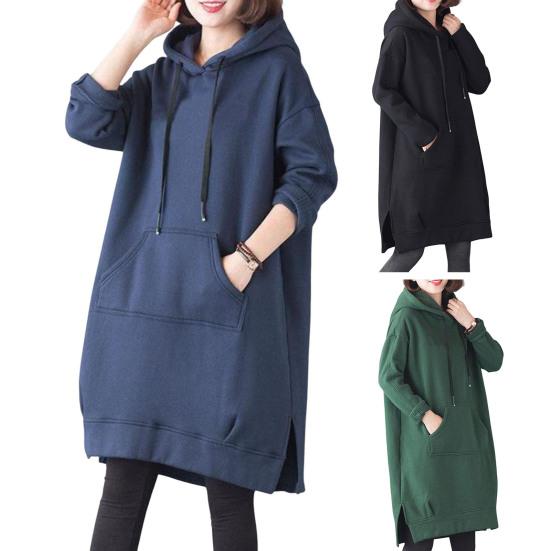 Женская толстовка с капюшоном на осень-зиму с большим карманом, завязками на шнурке, разрезом по низу, однотонная, свободная длина до колена