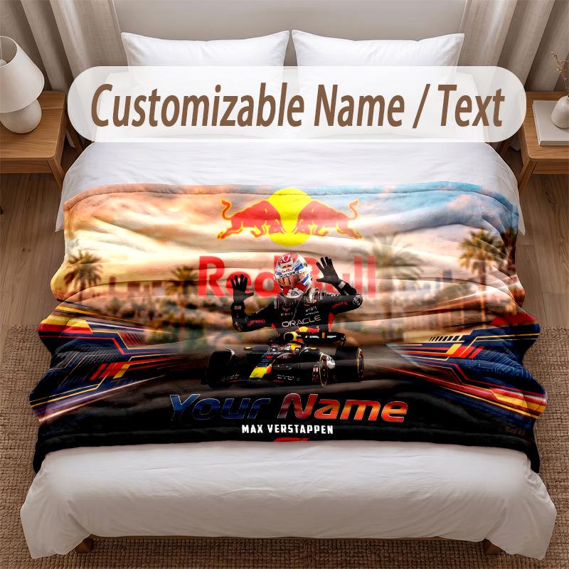 Max Verstappen Printed Flannel Blanket Custom Name Text Soft Warm Throw For Bedroom Holiday Gift