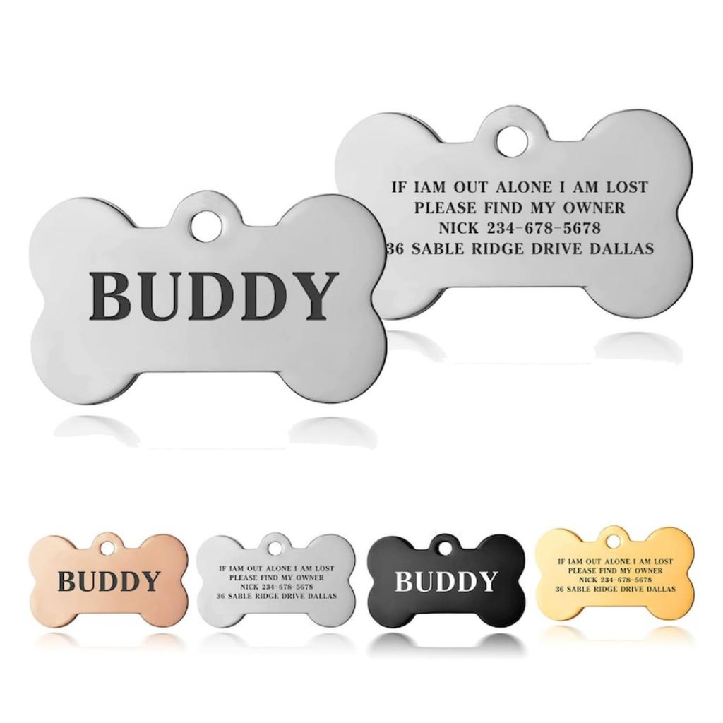 Premium Engraved Personalised Dog ID Tag Dog Name Tag Cat Puppy Name ID Bone Tag Collar Black Silver Gold Stainless Steel 3