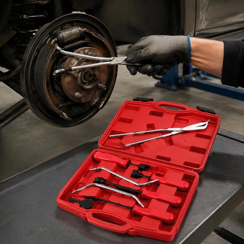 8Piece Drum Brake Repair Kit Manual Service Set with Plier Hook and Pry Style Parts, Metal Shafts for Car Motorcycle Garage Repair Use