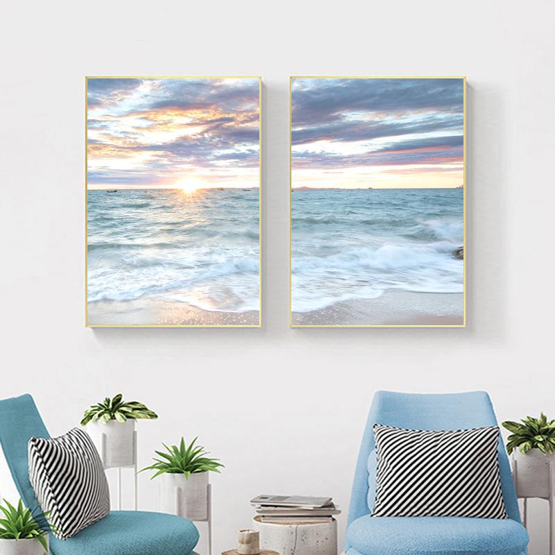 Восход Прибрежный Синий Морской Пейзаж Волны Картина Декоративный Плакат Холст Картина Печати Пляжная Настенная Картина Домашний Декор