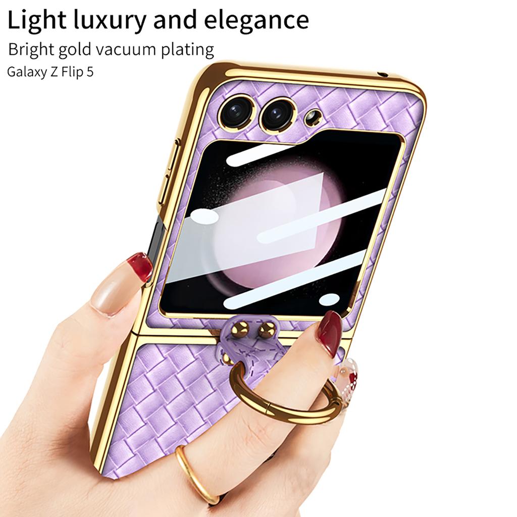 Luxury Plain Leather Ring Phone Case for Samsung Galaxy Z Flip 5 4 Flip5 Flip4 5G Full Package Protective Stand Shockproof Cover