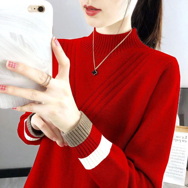 Женский свитер с полуводолазкой, осенне-зимний свободный вязаный свитер, топ, пуловер, вязаный джемпер, верхняя одежда