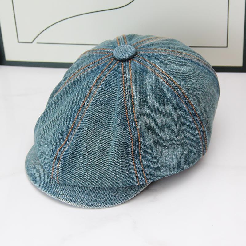 Washed and made old denim forward hat, big head circumference, anti-octagonal beret, children's retro versatile newsboy painter hat