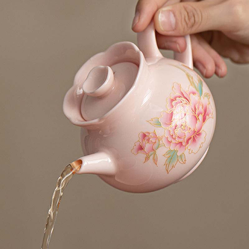 Raw ore powder mud gold silk peony lace pot exquisite ladies tea brewer teapot household high-end kung fu tea set single pot