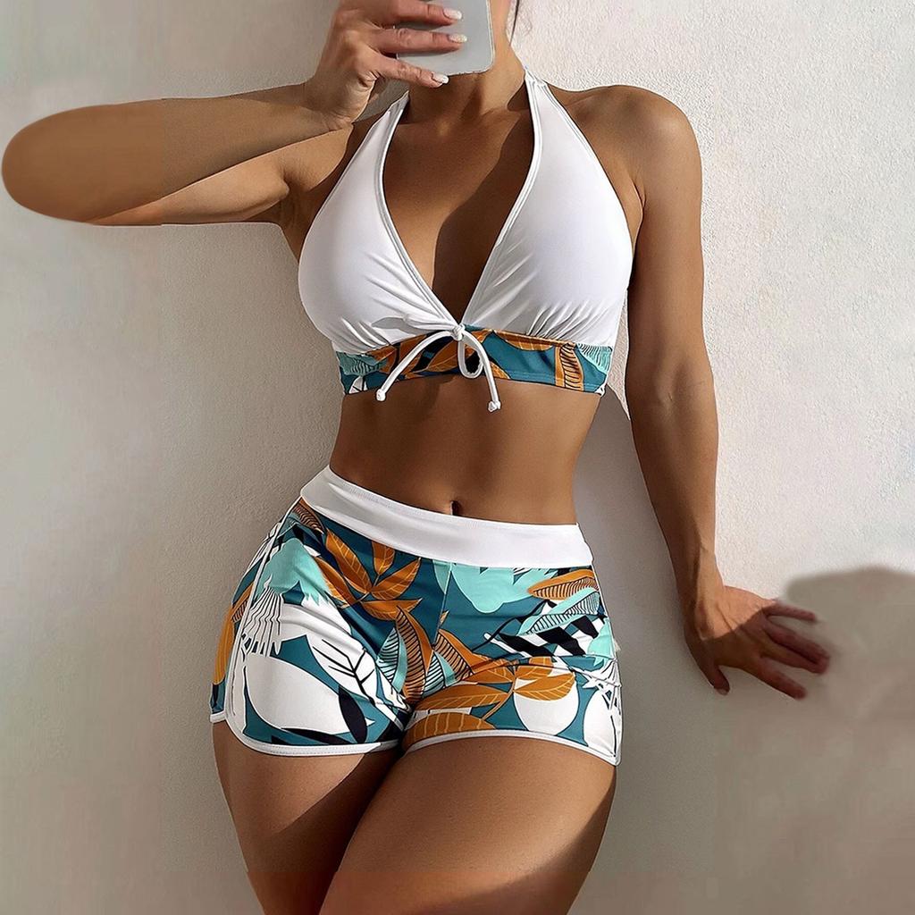 Women's Paneled Printed Swimsuit Ladies Fashion Sexy Split Boxer High Waist Swimsuit Two-Piece Set V-Neck Bathing Suits Female