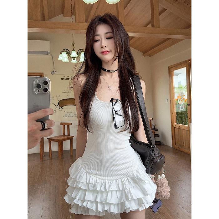 Sweet wind white suspender dress women's summer chic ruffle skirt ballet style a-word skirt
