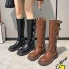 Fashion Women Retro Boots 2024 Spring Trend Buckle Knee-High High Boots Motorcycle Footwear Punk Rock Fashion Comfort Leather Women Shoe