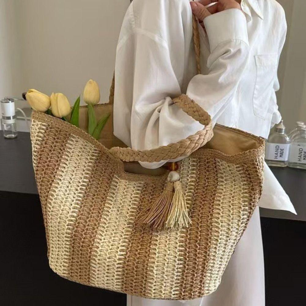 Beach Straw Crochet Bag Summer Women's Handbags Fashion Striped Shoulder Bag Travel