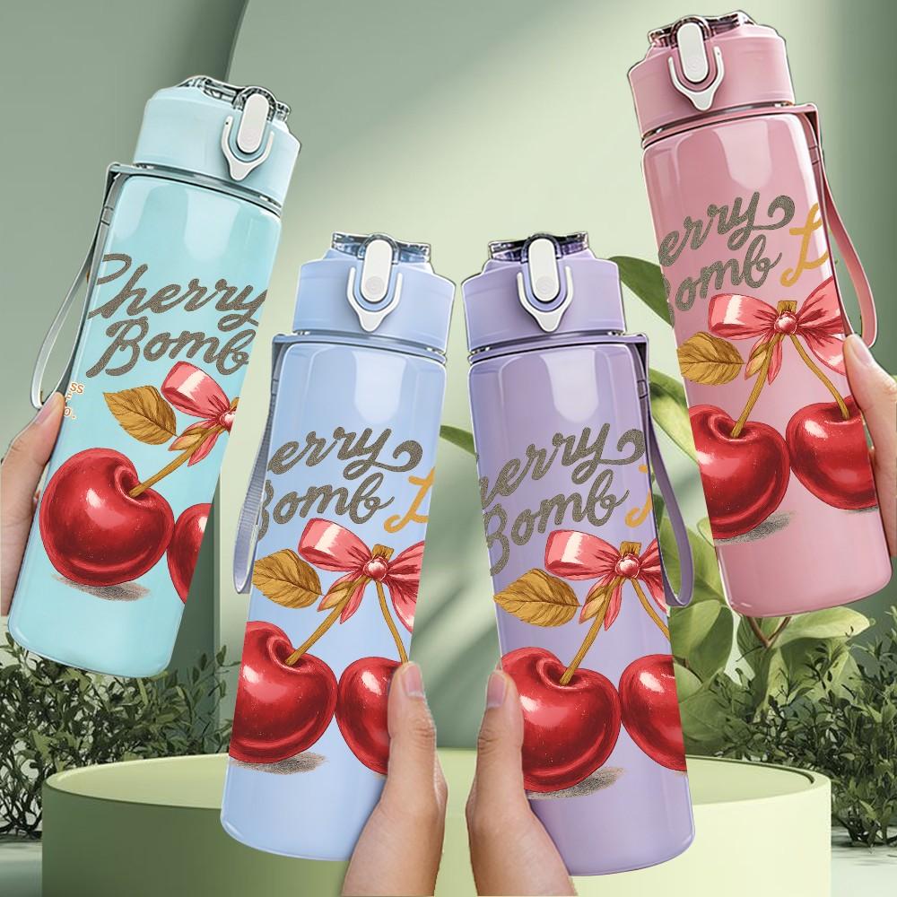 1PC Cherry Fruit Quote 750ml Color Plastic Sports Water Bottle Leakproof Flip Straw Lid Suitable for Sports Office Home Use