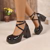 Crossover Strap High Heels Autumn New Round Toe Patent Leather Platform Non-Slip Square Heel Single