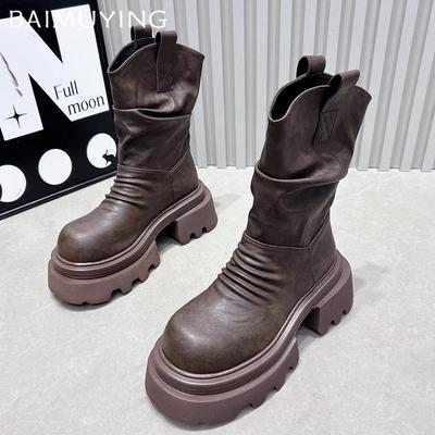 Женские сапоги на платформе до середины голени на высоком каблуке из кожи, дизайнерская обувь, новые бренды 2024 года, трендовые зимние ретро-сапоги для мотоциклистов Zapatos Femme