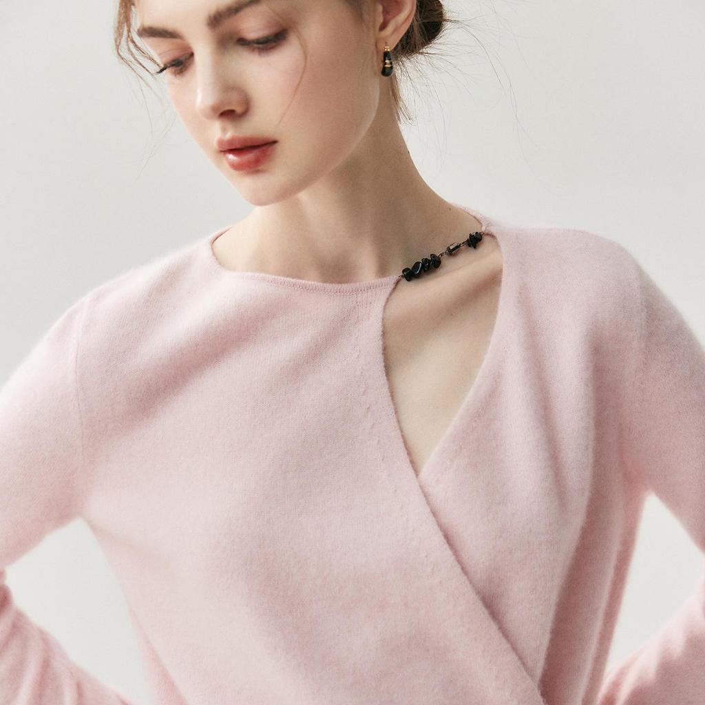 Женский кашемировый свитер французского дизайна с запахом - приятный к коже, вязаный трикотаж свободного кроя для осени и зимы.