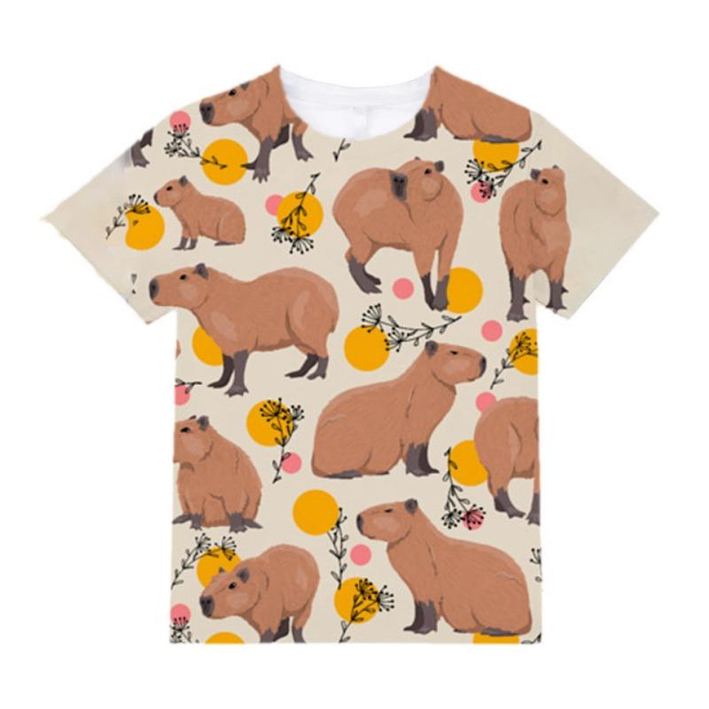 Детская одежда с коротким рукавом, милый принт капибары, детская летняя одежда, модная одежда для мальчиков и девочек из мультфильмов, уличная одежда, топы с круглым вырезом