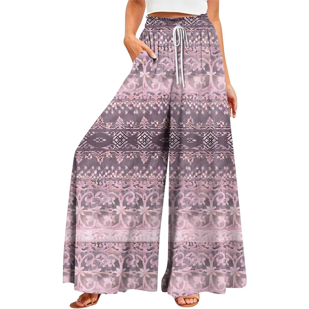 Women's Summer Wide Leg Pants High Waisted Flowing Pockets Fashion Casual Casual Bohemian Printed Beach Pants