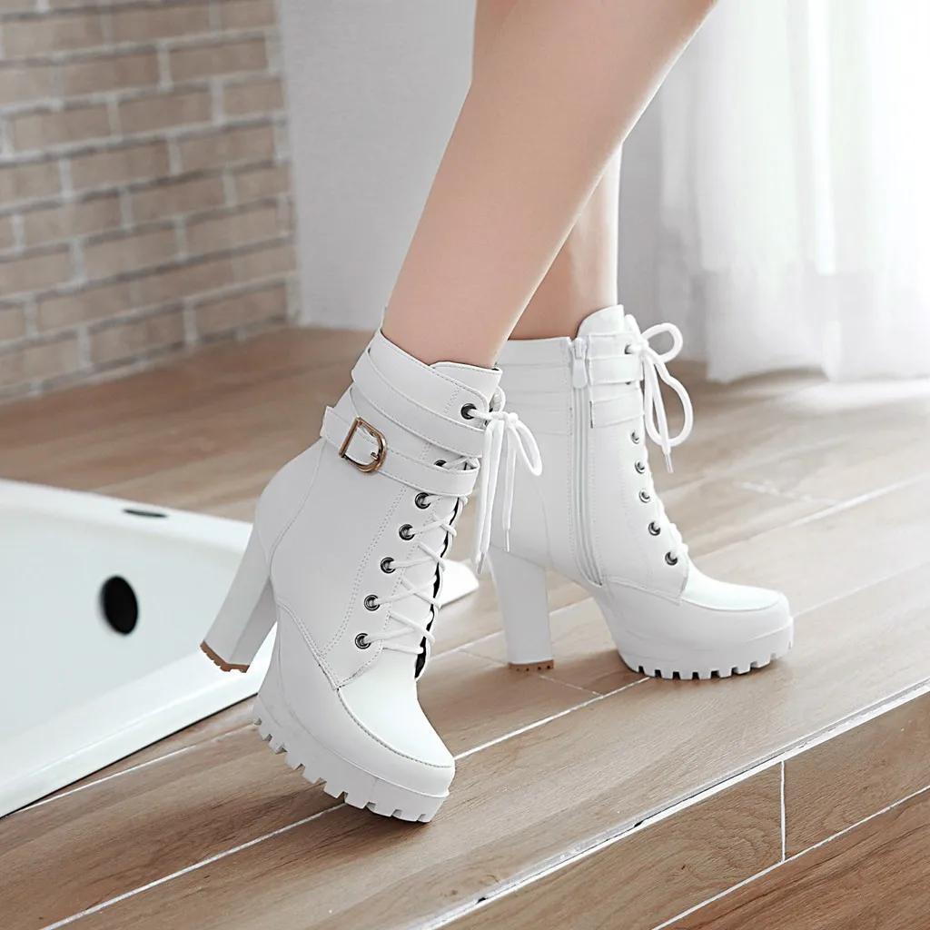 Autumn Winter Classic Buckles Thick Heel Ankle Boots Women's British Style Cross Strap High Heels Retro Chunky Ladies Booties
