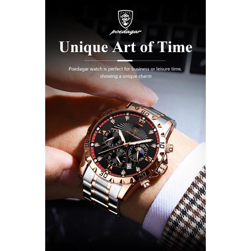 POEDAGAR Luxury Military Watch For Men Waterproof Luminous Chronograph Date Wristwatch Stainless Steel Quartz Watches