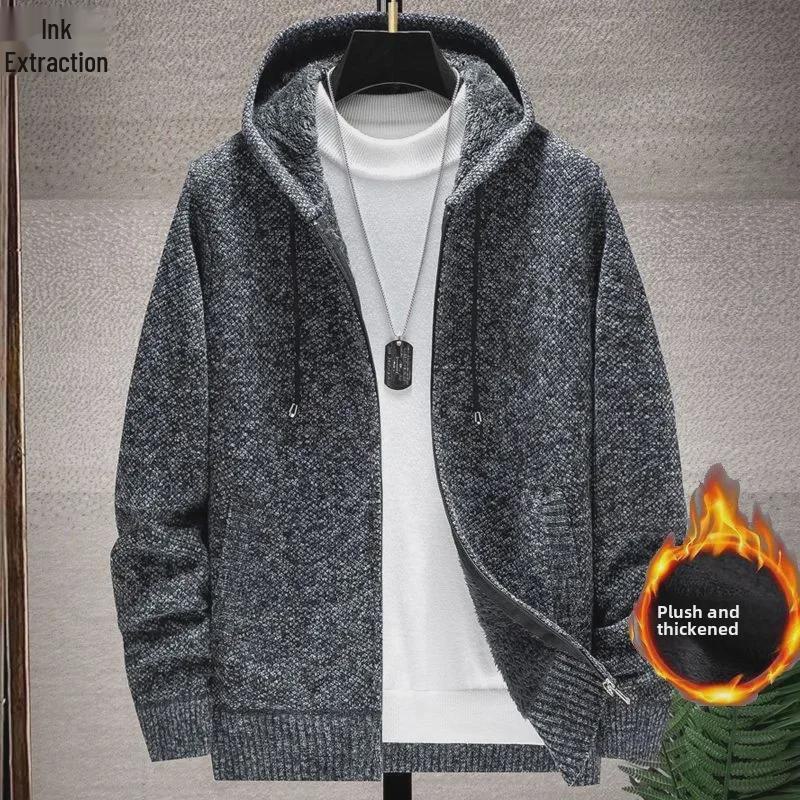 Мужской толстый плюшевый свитер-кардиган с капюшоном и воротником-стойкой на осень/зиму
