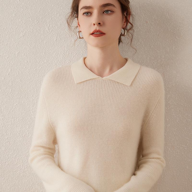 Women's Slimming Versatile Cashmere Polo Neck Pullover with Slit Lapel and Long Sleeves