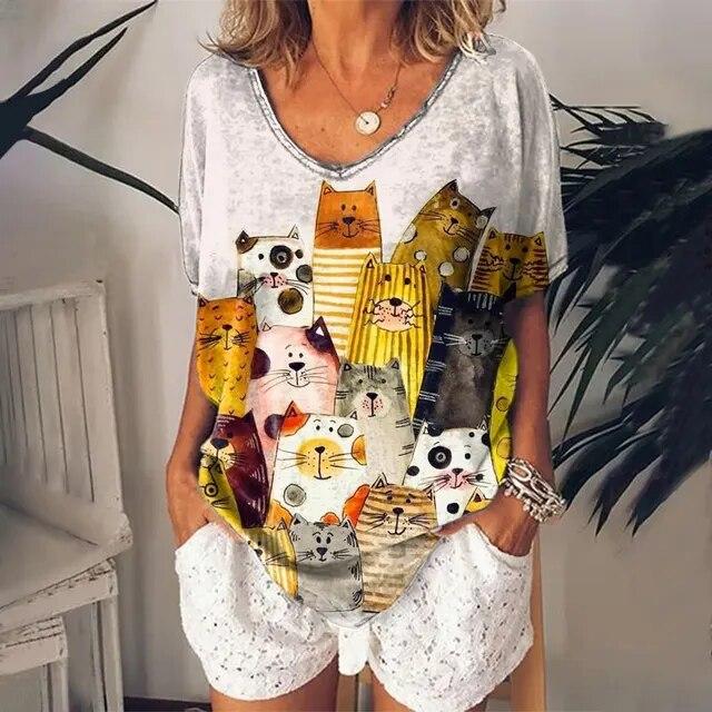 Women's 3d Cats Print T-Shirt Fashion Woman Blouses Funny Kawaii V-Neck T Shirt Female Clothing Oversized Summer Tops Tees KTB