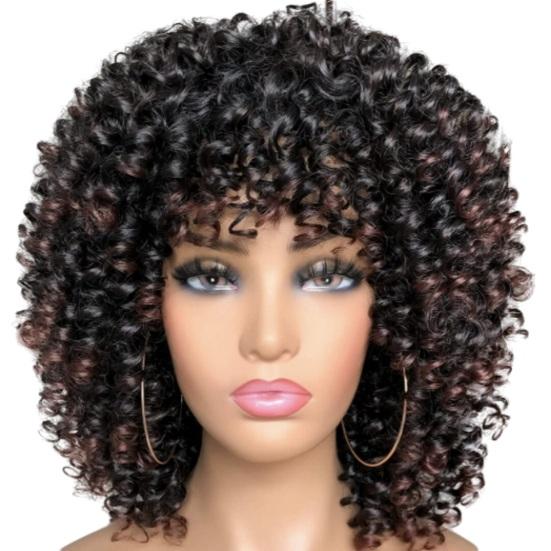 African Women Short Kinky Curly Wigs Silk Hair Natural Look with Bangs High Temperature Wigs Long-Lasting Wear