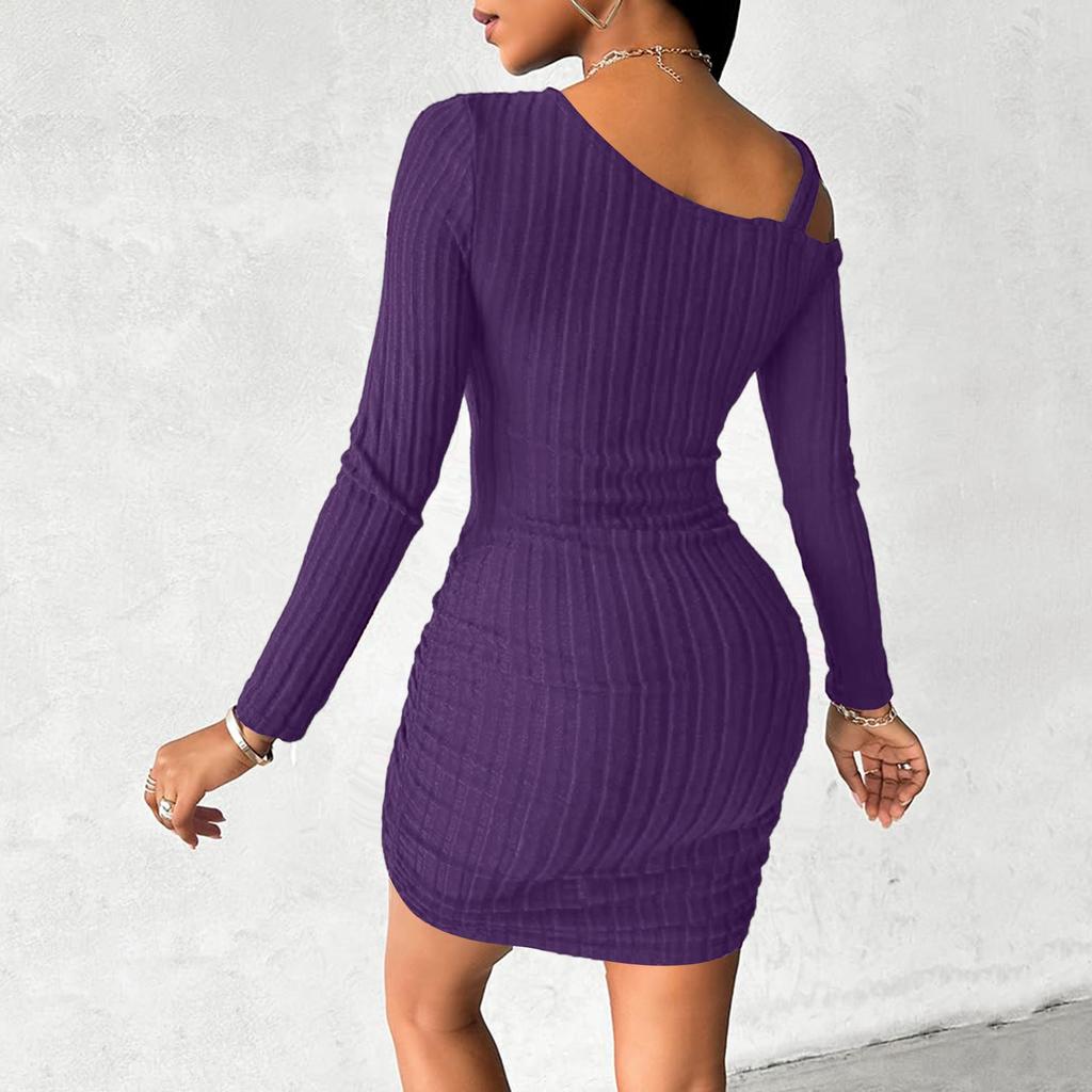 Women's Solid Color Off-the-shoulder Slant Collar Design Sense Bodycon Dress, Stylish, Slim, Sexy Long-sleeved Dress