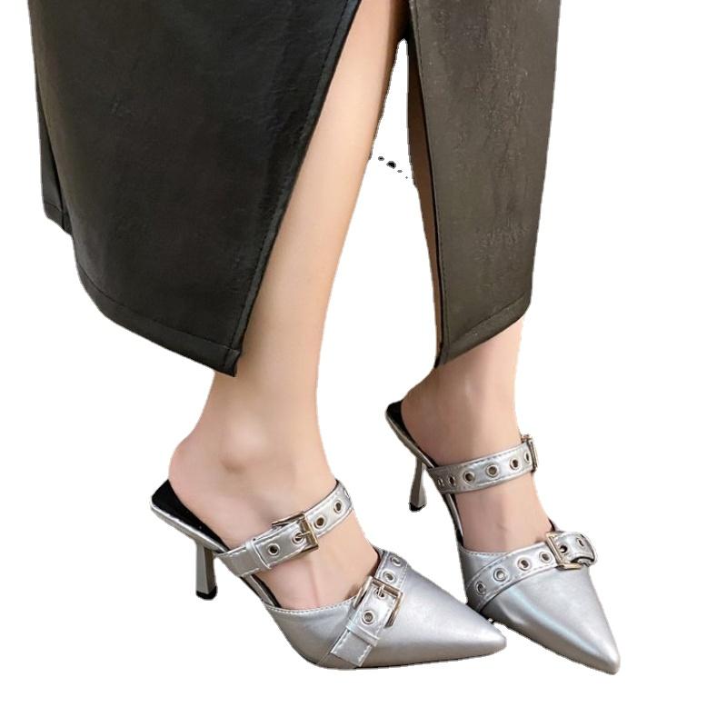 Fashion Women Punk Goth Metal Buckle High Heels Slippers Spring Women Pointed Toe Silver Party Shoes Korean Style Thin Heels Shoes