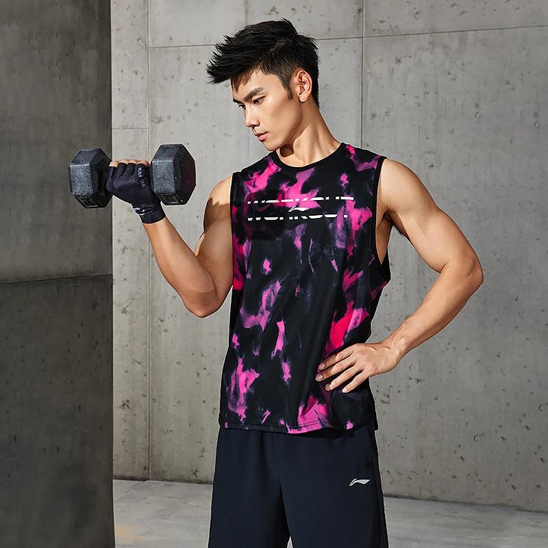 Li-Ning Светоотражающий быстросохнущий прохладный антибактериальный жилет для фитнеса с принтом тай-дай для мужчин, топы черного и розового цвета AVSS017-2