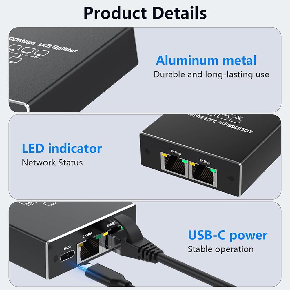 Разветвитель Ethernet RJ45 1 на 4 с USB-кабелем питания, 1000 Мбит/с, гигабитный Ethernet-адаптер, сетевой разветвитель LAN для ПК и ТВ-приставки