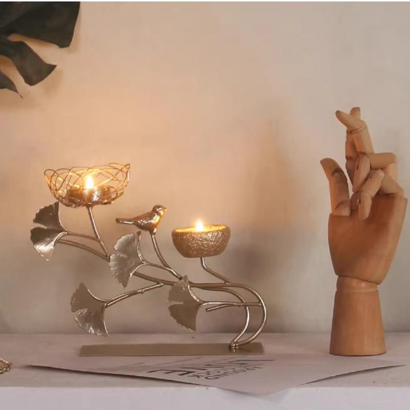 Golden Iron Art Bird's Nest Candlestick Bird Candle Holder Ornament Candle Tray Home Dining Table Creative Romantic Candle Stand