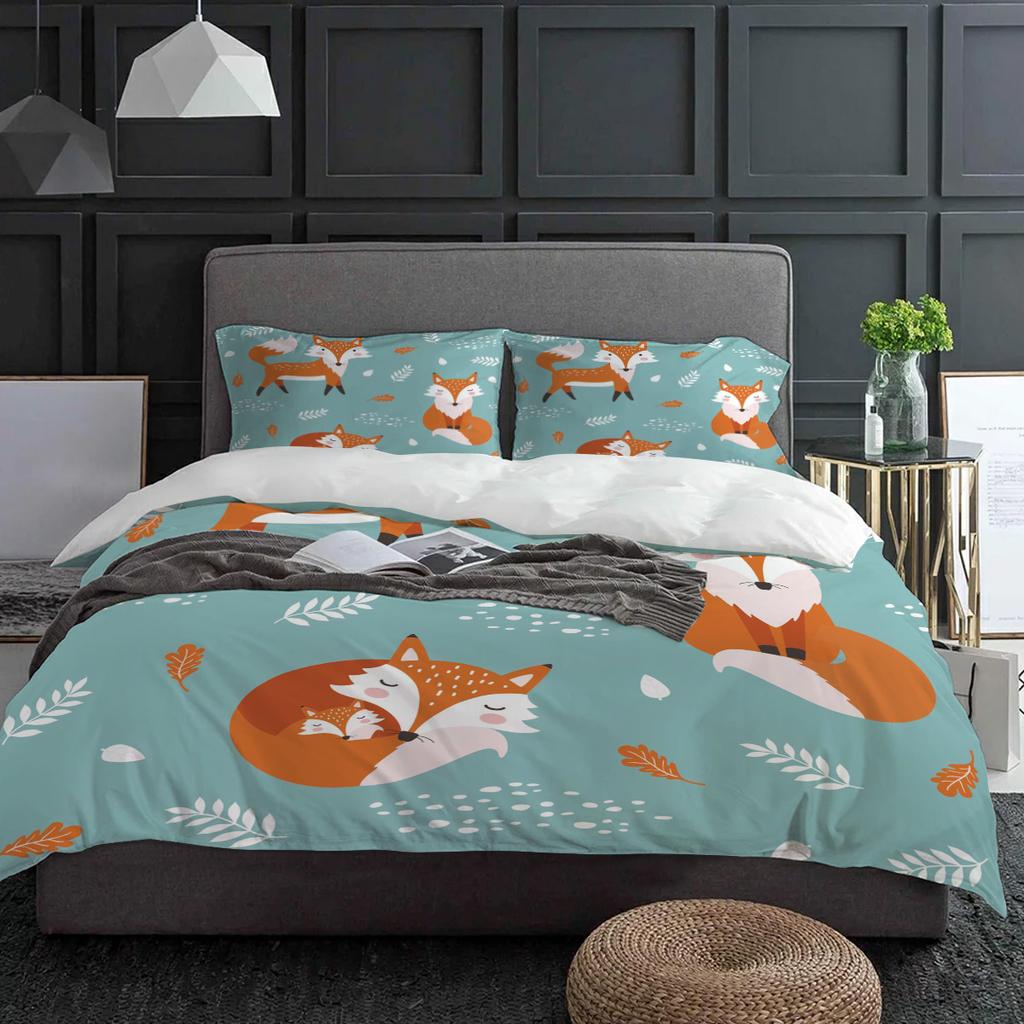 Cartoon Animal Fox Orange Blue Leaves Bedding Set 3pcs Duvet Cover Pillowcase Kids Adult Quilt Cover Double Bed Set Home Textile