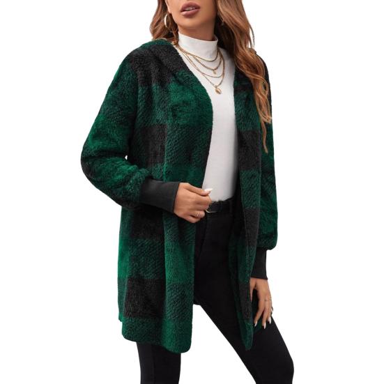 Зимний свитер, пальто с принтом в клетку, с капюшоном, толстый ветрозащитный кардиган с открытой строчкой, верхняя одежда, куртка средней длины из плюша для школьных путешествий