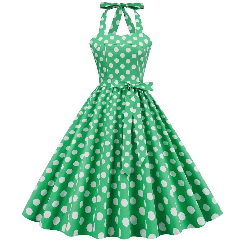 Retro polka-dot lace-up halter-neck flared ball gown performance dress, bohemian style