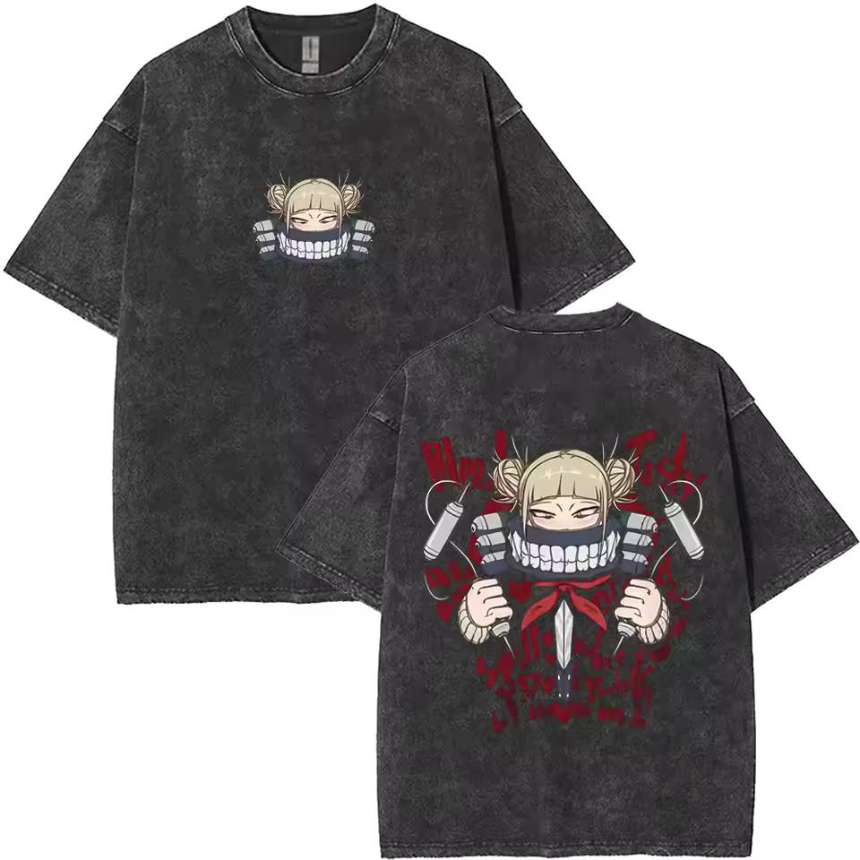 2026 summer Hot MHA Washed Oversized T-shirt, Toga Himiko Blood Text Double Sided Print Casual Tee For Men Women Teen