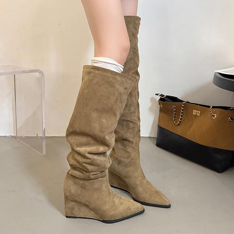 Женские ботильоны на танкетке Высокие каблуки Модные туфли с острым носком Роскошные туфли-лодочки Высокие сапоги Новые элегантные платья Челси Женские ботинки