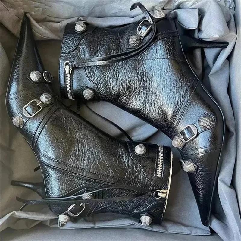 Модные горячие продажи высокие тонкие каблуки ботильоны для женщин металлический декор заклепки бахрома молния с булавками носок мотоциклетные женские ботинки женская обувь