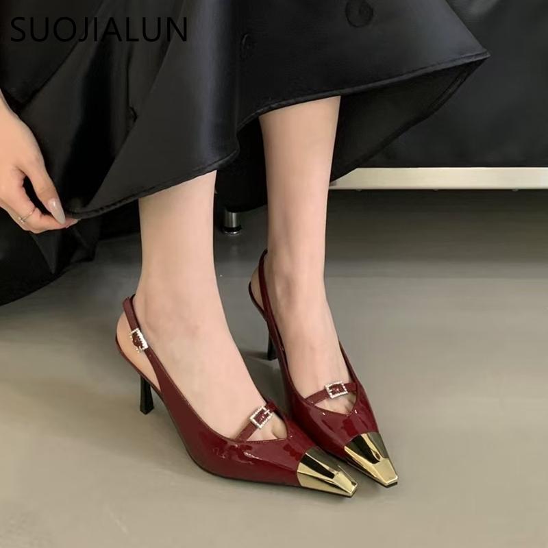 Мода SUOJIALUN Новые Женские Туфли-Лодочки Мода Комбинированный Цвет Женские Элегантные Босоножки Острый Носок Тонкий Высокий Каблук Платье Туфли Слингбэки