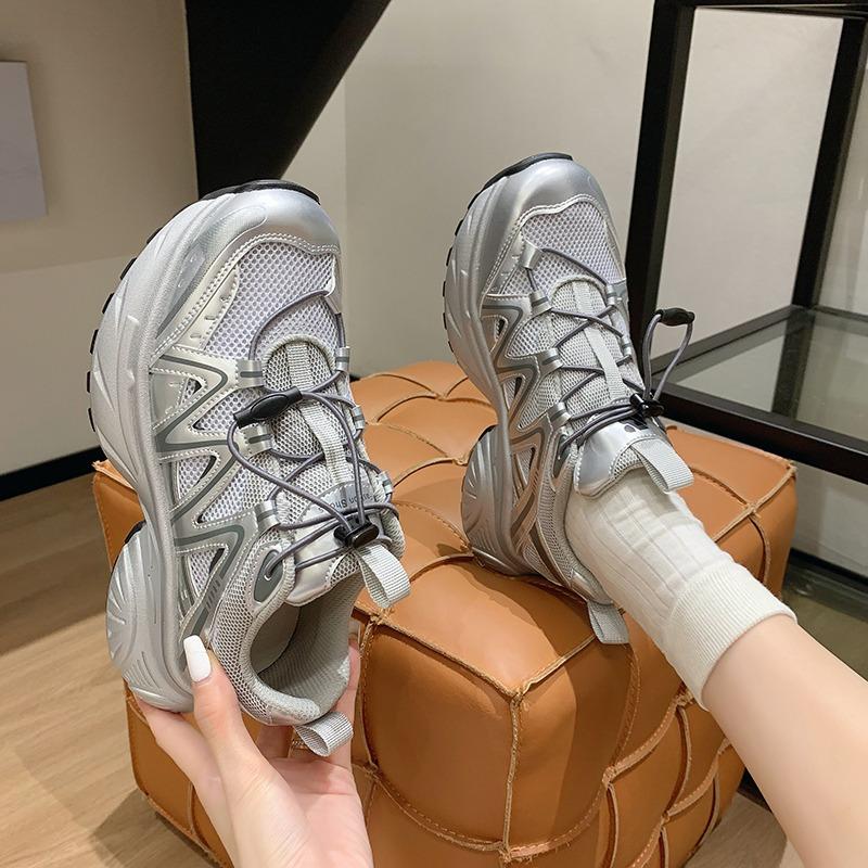 2024 Осень Женская Толстая Подошва Шнуровка Сетка Воздухопроницаемая Модная Повседневная Низкая Нескользящая Спортивная Обувь