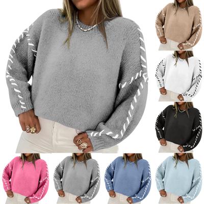 Женский свитер с цветными блоками, свободный, повседневный, с круглым вырезом, вязаный, с длинными рукавами, топ