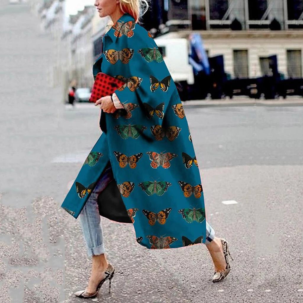 Модная женская карманная куртка с принтом, верхняя одежда, кардиган, пальто, длинный плащ