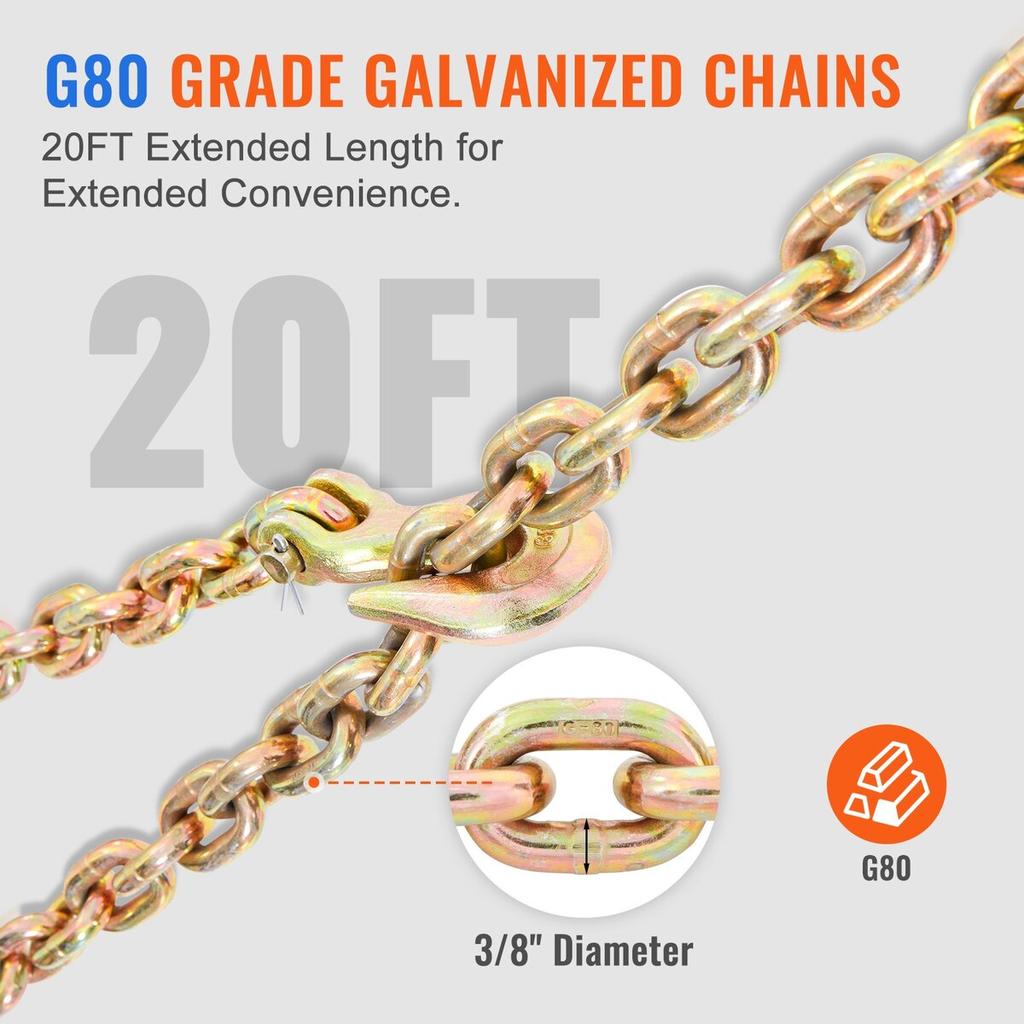 Ratchet Chain Binder 2PCS, 3/8"-1/2" Heavy Duty Load Binders, with G80 Chains 12000 lbs Secure Load Limit, Labor-saving Anti-skid Handle, Tie Down