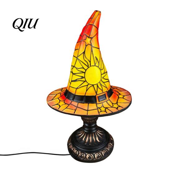 Halloween Desk Decor Stained Glass Witch Hat Lamp, Table Lamp with Inline Switch, USB Powered Small Bookshelf Accent Light Style for Bedroom