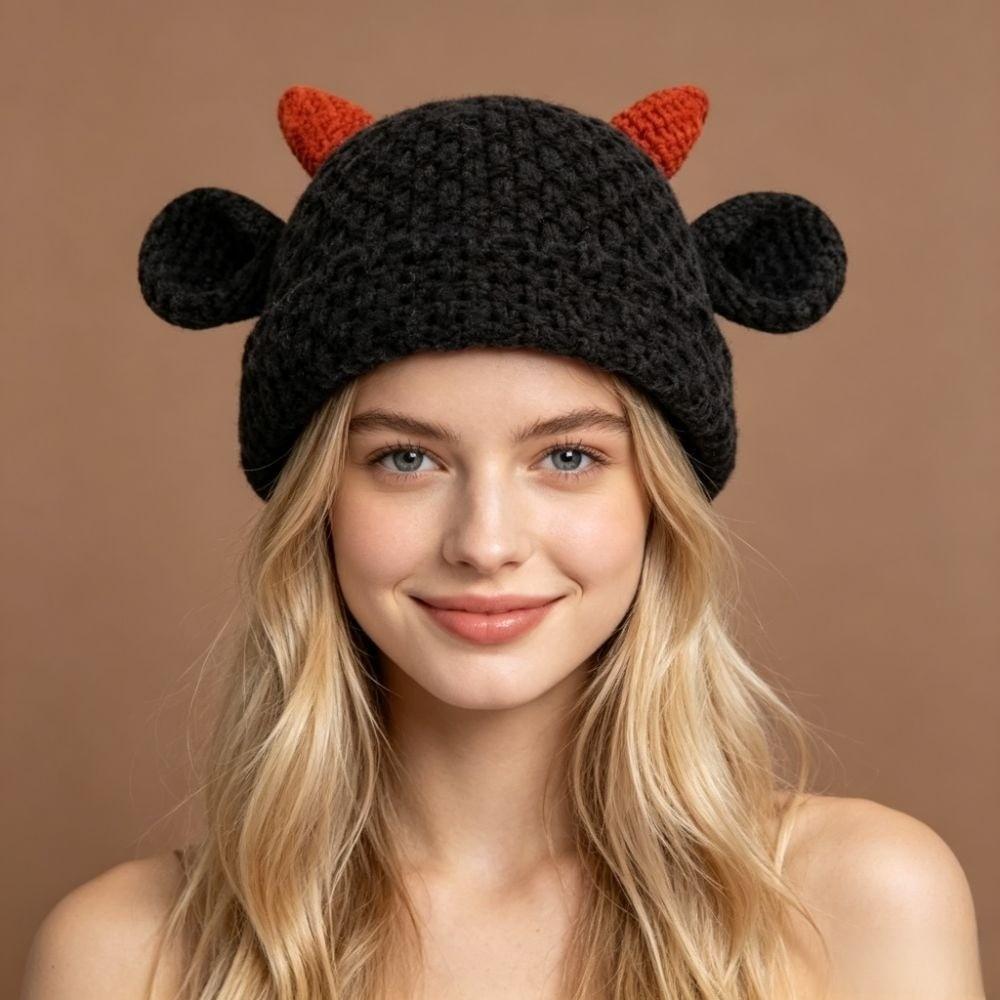 Solid Color Pullover Hat Cute Ear Women's Hat Cute Horn Ear Knitted Hat Autumn