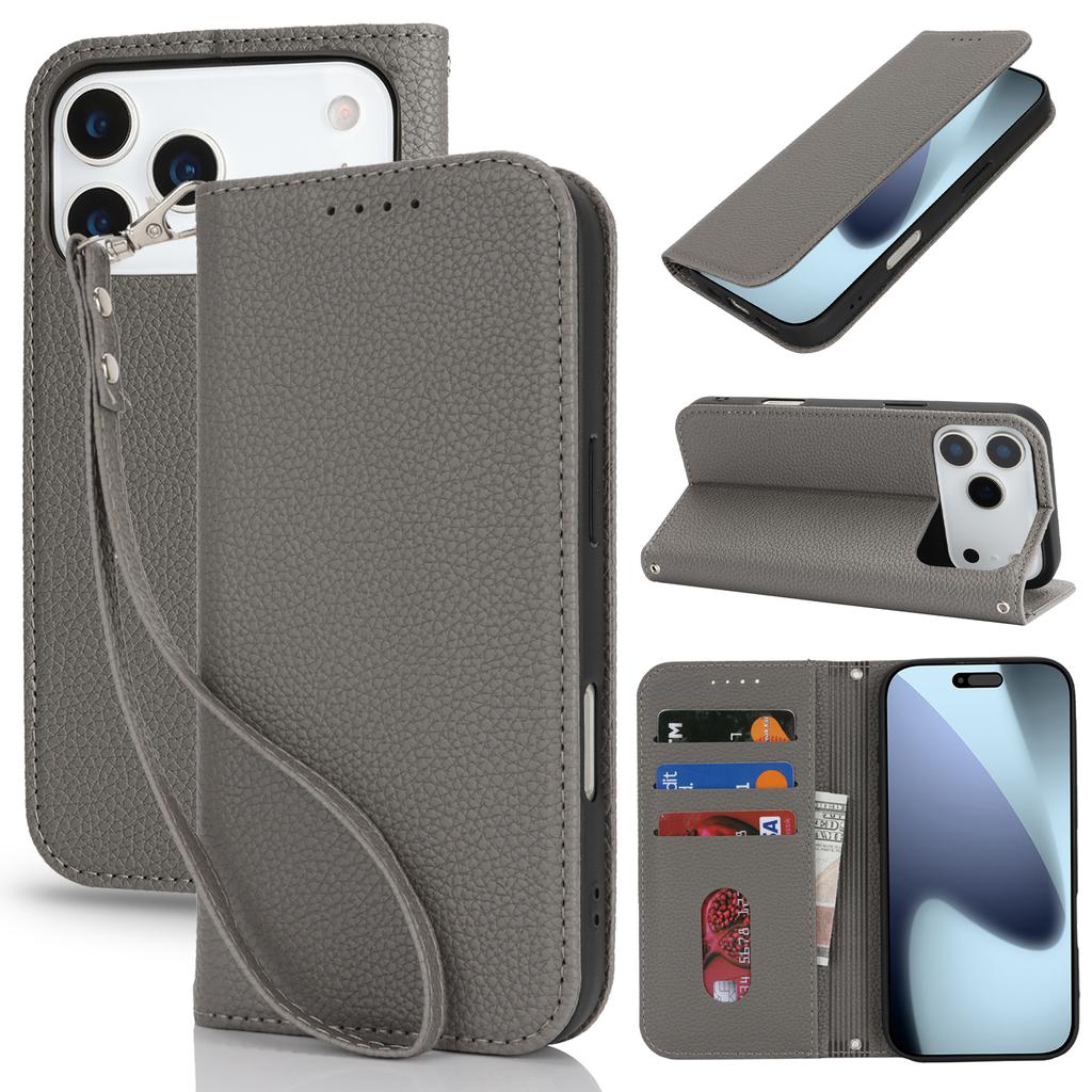 For iPhone 17 Pro Max Case Stand Wallet Litchi Texture Leather Flip Phone Cover with Strap