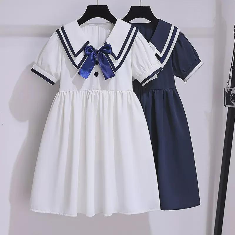 Летнее платье для девочек в студенческом стиле с рукавами-фонариками и отворотом