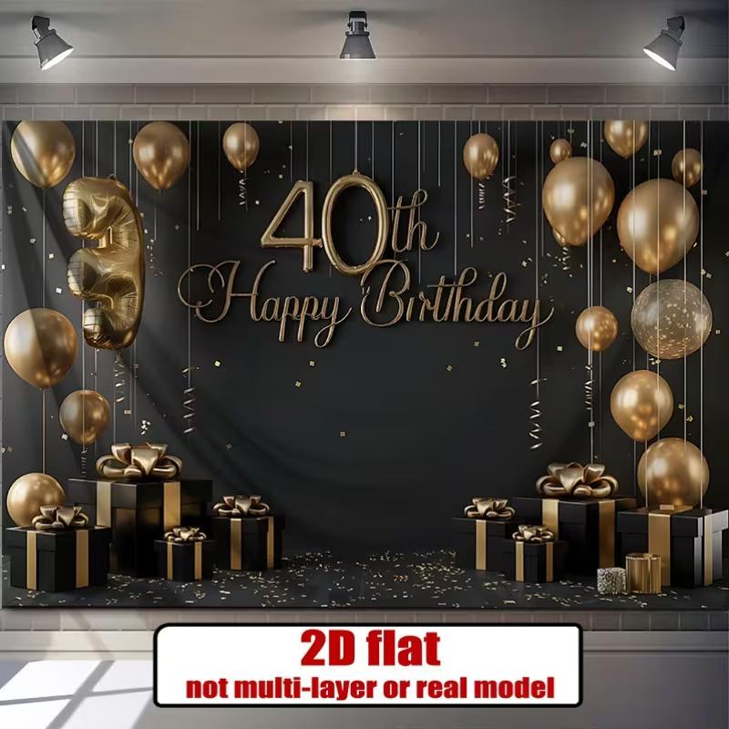 2D Черно-Золотой Счастливый 40-й День Рождения Фон Воздушные Шары Конфетти Баннер для Вечеринки